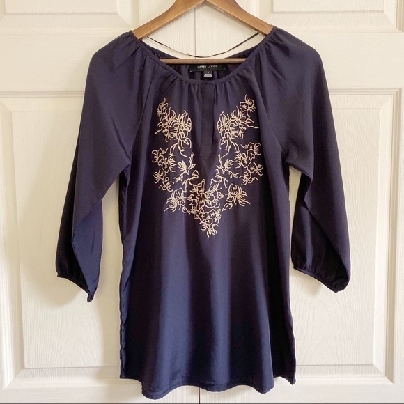 Larry Levine Navy Blue & Gold Embroidered Blouse - Picture 7 of 7